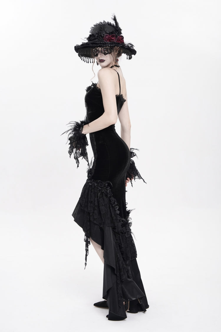 No-Sleeve Ruffled Floral Embroidered Chain Gothic Long Slip Dress