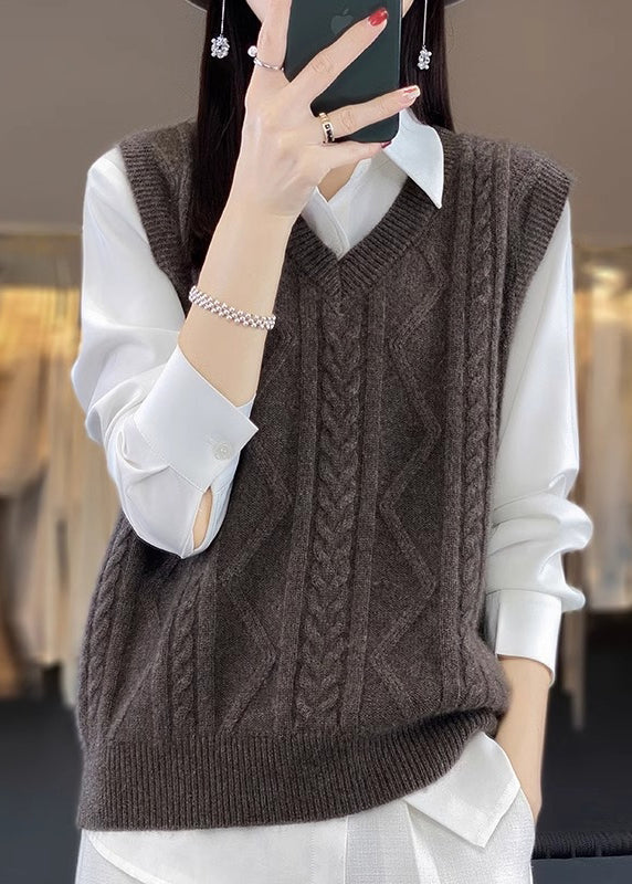 Casual Camel V Neck Thick Cable Wool Knit Waistcoat Fall QP042