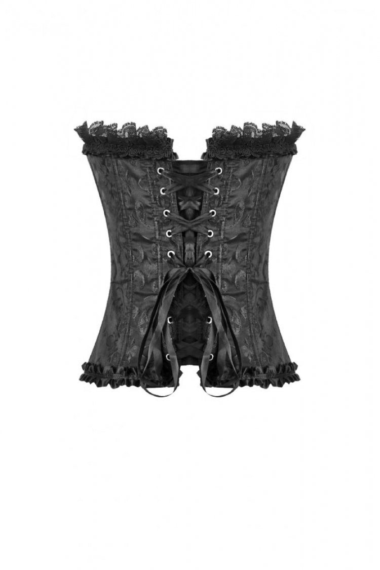 Women's Gothic Overbust Corset with Ruffled Lace and Lace-Up in Black Jacquard