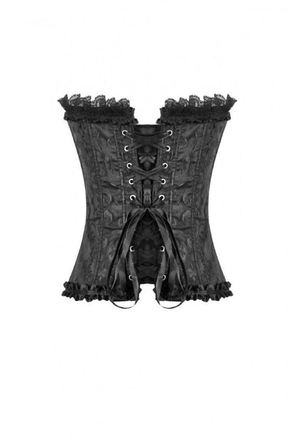 Women's Gothic Overbust Corset with Ruffled Lace and Lace-Up in Black Jacquard