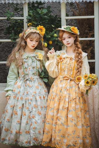 Emerald Sleeveless Sunflower Ruffle Bow Sweet Lolita Jumper Dress