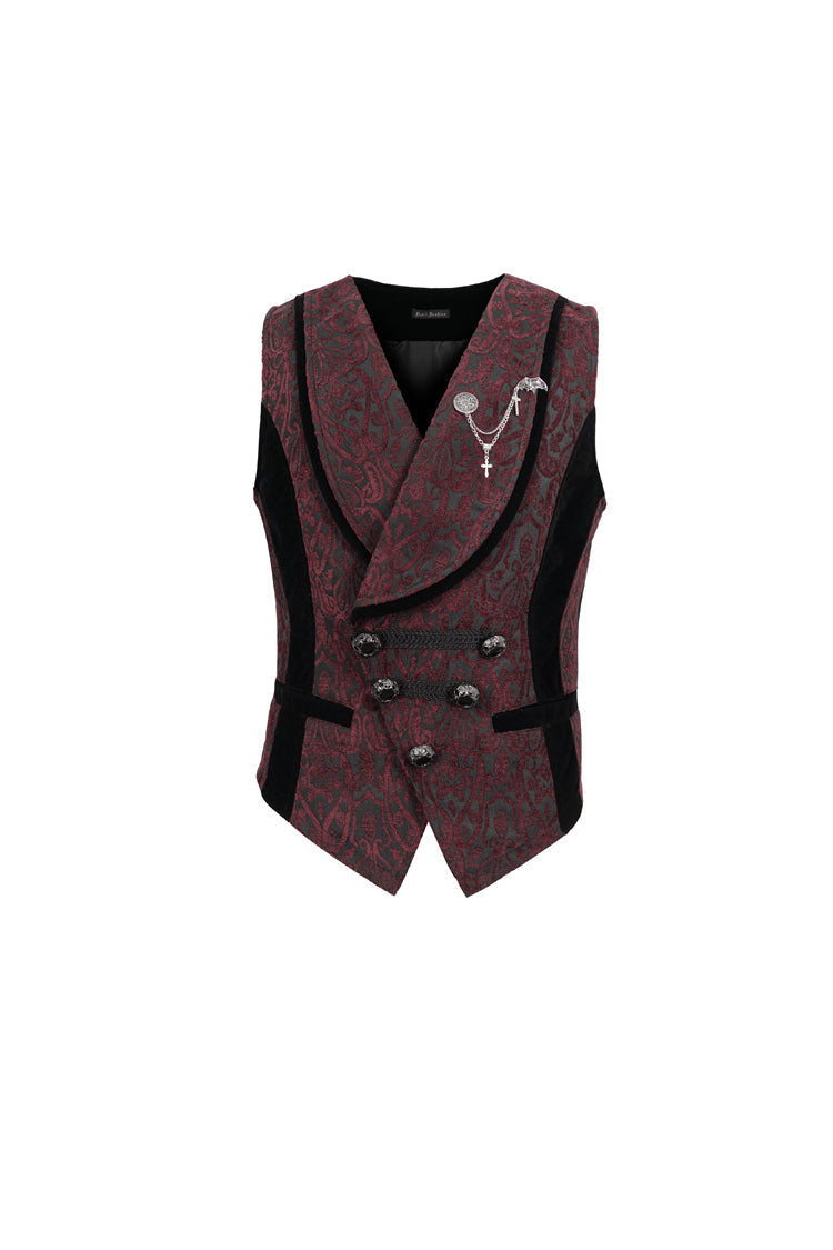 Crimson Slim Retro Gothic Vest with Jacquard and Metal Chain