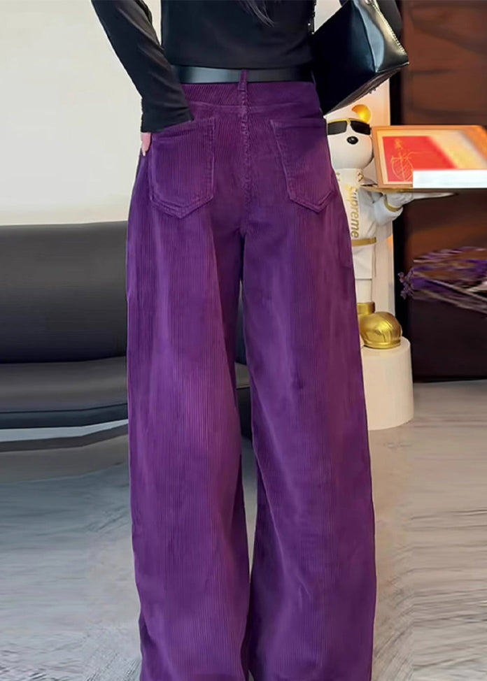 Corduroy High Simple Waist Side Purple Straight Spring Pants Open
