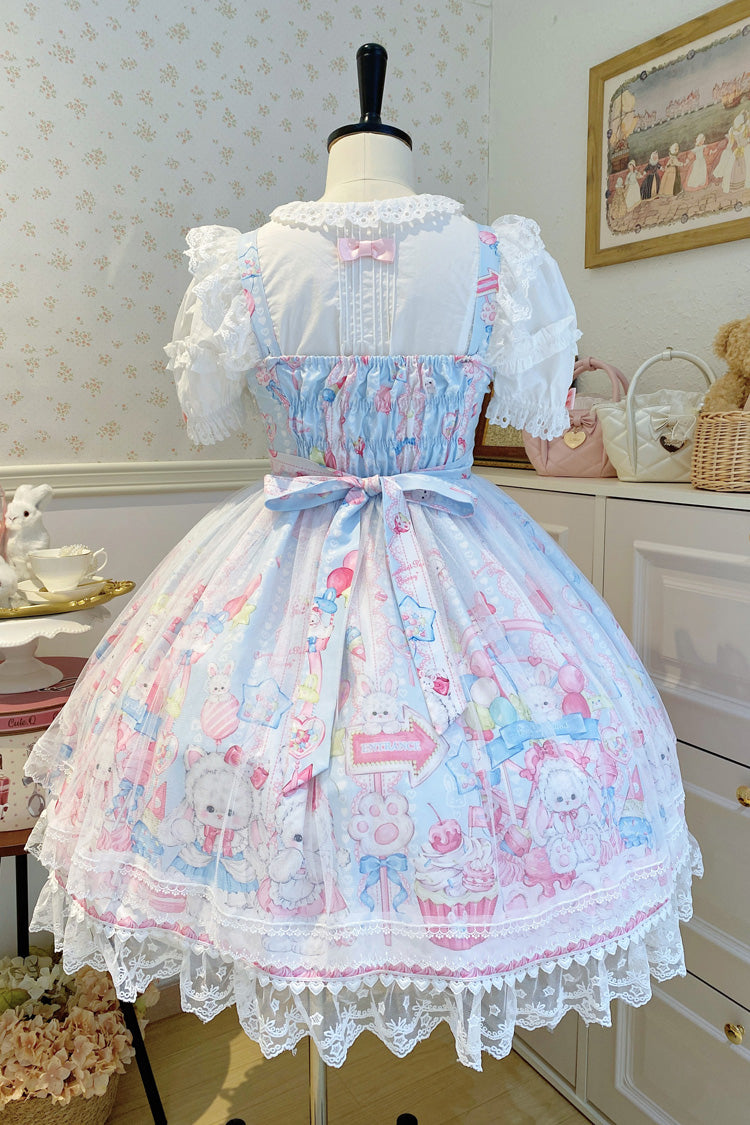 Azure Cute Rabbit Sweet Cake Print Ruffle Bow Lace Sweet Lolita Jumper Dress