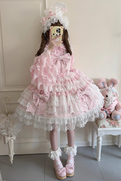 Blush Sleeveless Multi-Tier Ruffle Hanayome Cardigan Bow Lace-Up JSK - Knot of the Crossed Heart