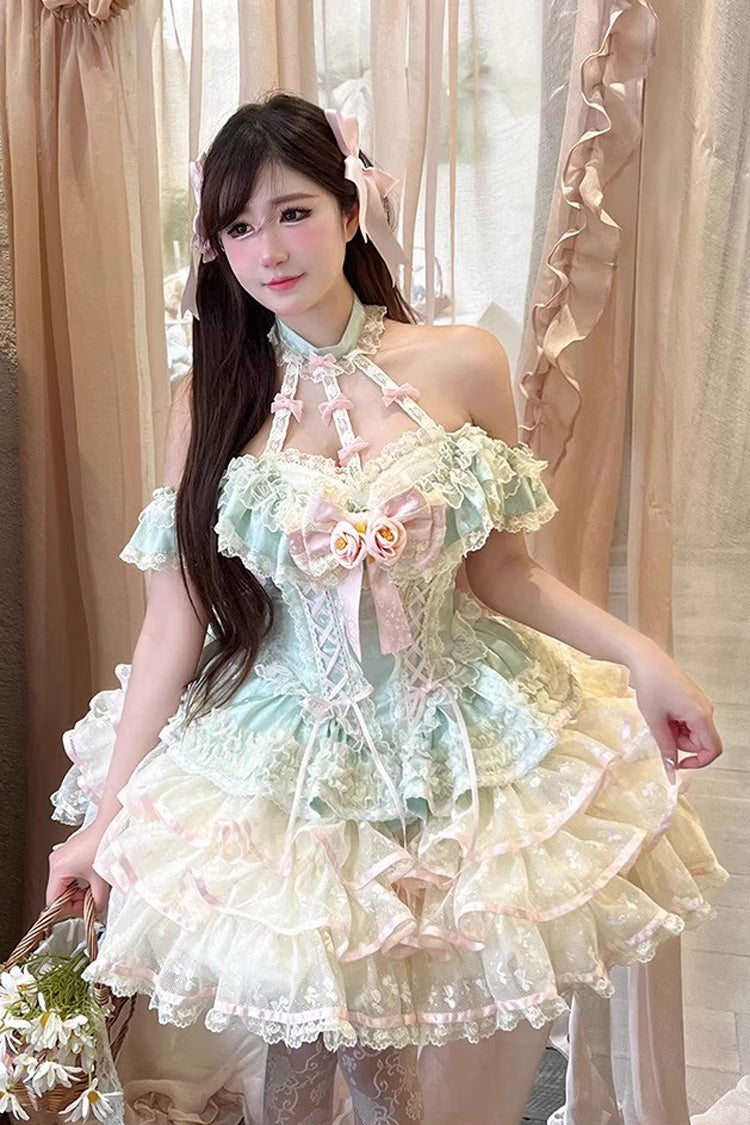 Emerald Halterneck Multi-Layer Ruffle Bow Rose Lace Lace-Up Sweet Ballet Lolita Jumper Dress