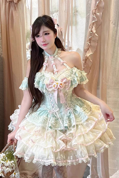 Emerald Halterneck Multi-Layer Ruffle Bow Rose Lace Lace-Up Sweet Ballet Lolita Jumper Dress