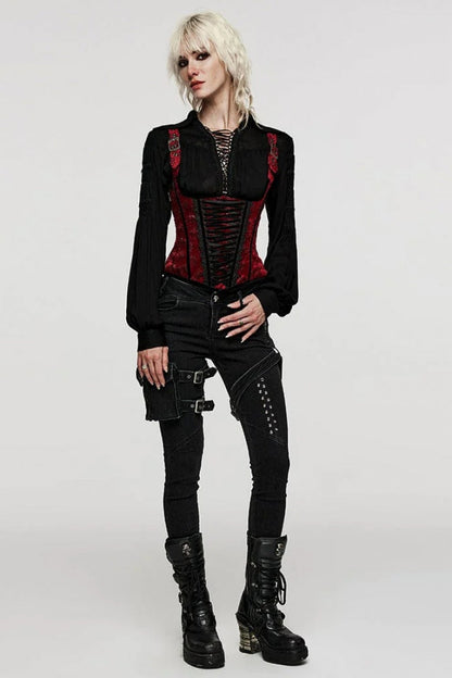 Women's Turn-Down Collar Long Sleeve Lace Ruched Gothic Blouse Two Tones