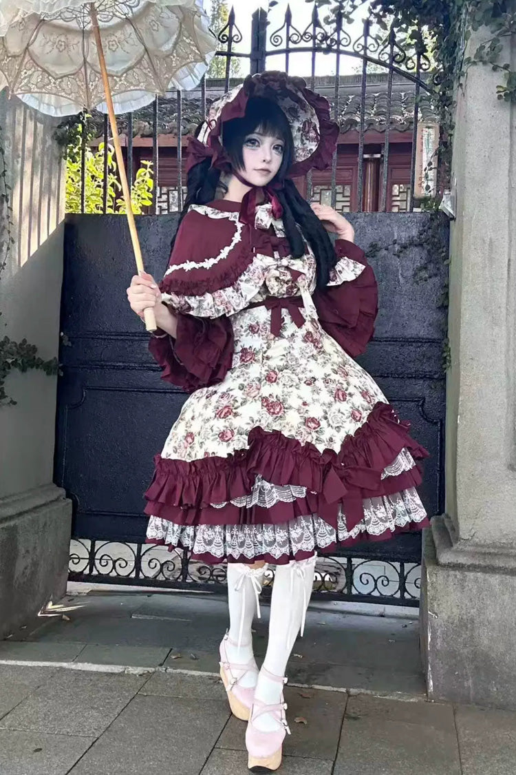 Off Shoulder Ruffled Bow Lace Gothic Lolita JSK Dress with Rose Print