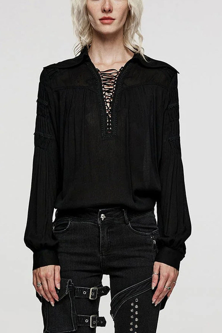 Women's Turn-Down Collar Long Sleeve Lace Ruched Gothic Blouse Two Tones