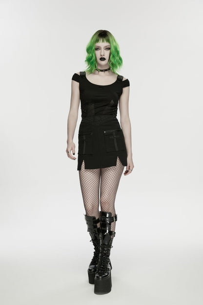 Zippered Skull Embroidered Big Pocket Punk Skirt for Women