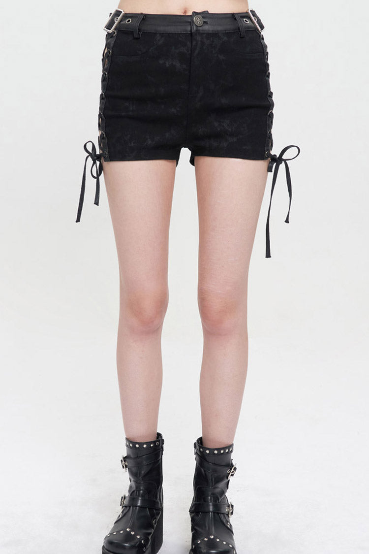 Adjustable Grommet Side-Strap Hollow Shorts in Black