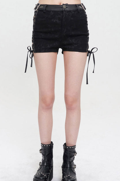 Adjustable Grommet Side-Strap Hollow Shorts in Black