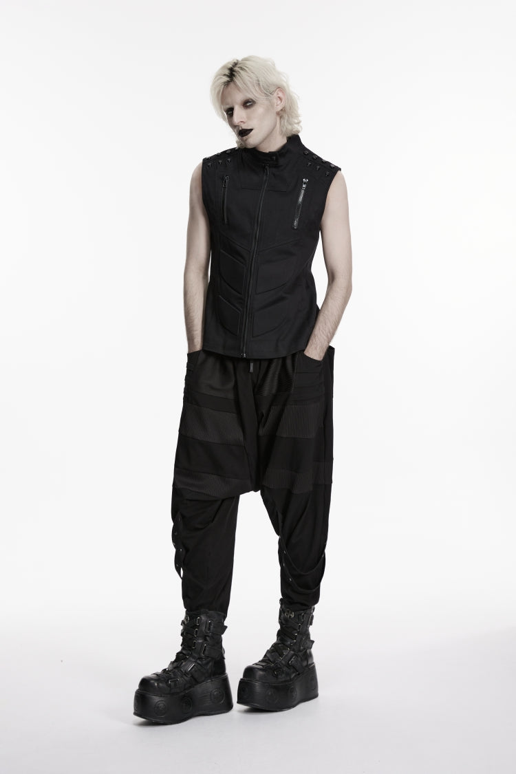 Men's Black Punk Vest, Sleeveless with Studs and Zip Front