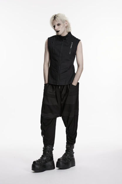 Men's Black Punk Vest, Sleeveless with Studs and Zip Front