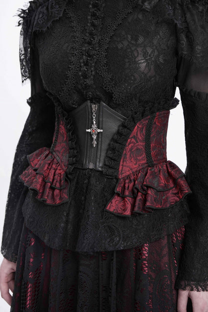 Crimson & Charcoal Spliced Lace Laced Slim Zippered Goth Palace Corset
