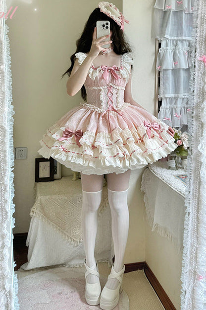 Blush Double-Layered Ruffle Bow Lace-Up Ballerina JSK - Flory Butterfly