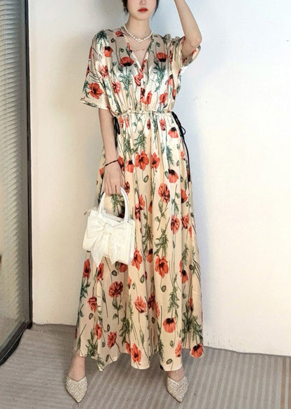 Handgemachtes Apricot V-Ausschnitt Print Cinched Holiday Long Dress Sommer AO1028 