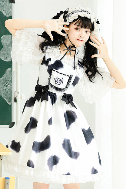 Ivory Cow Pattern Bow Ruffled Sweet Lolita JSK