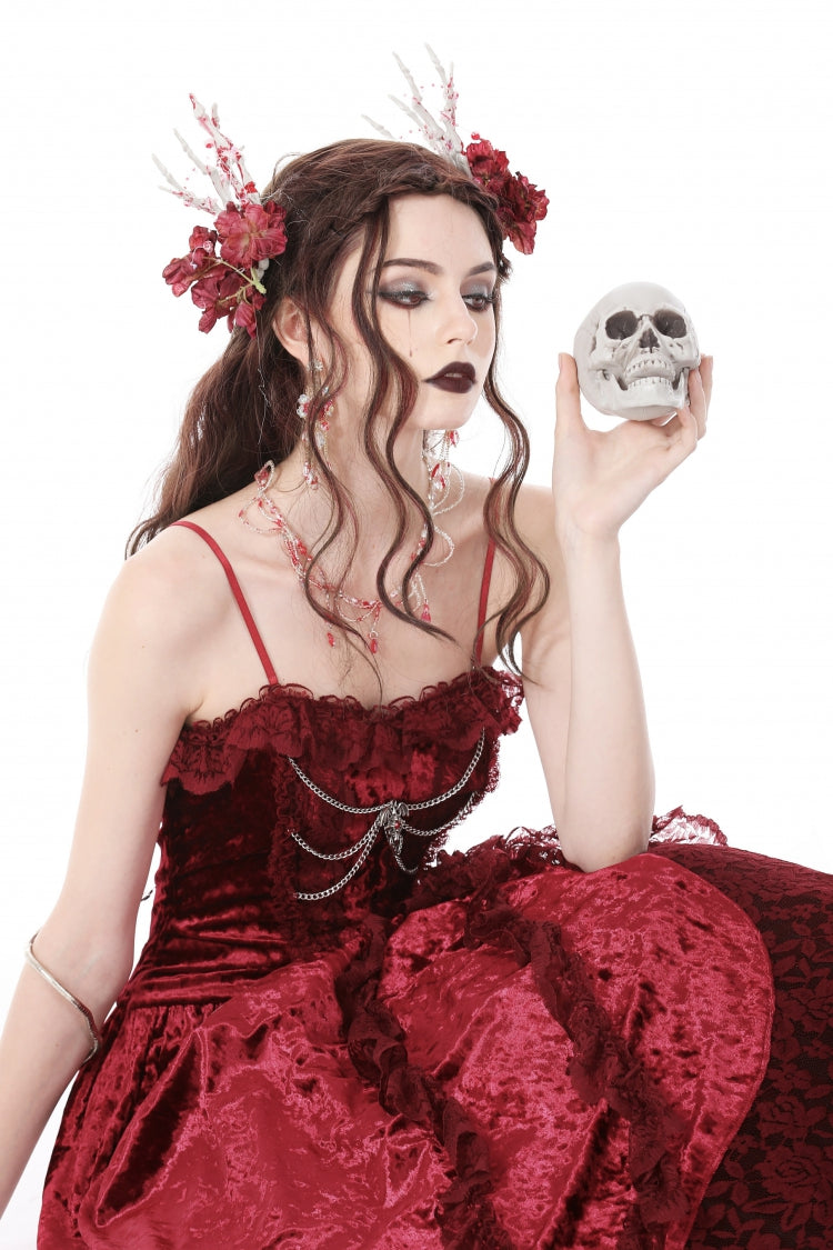 Crimson Sleeveless Gothic Velvet Slip Maxi Dress with Lace and Chains