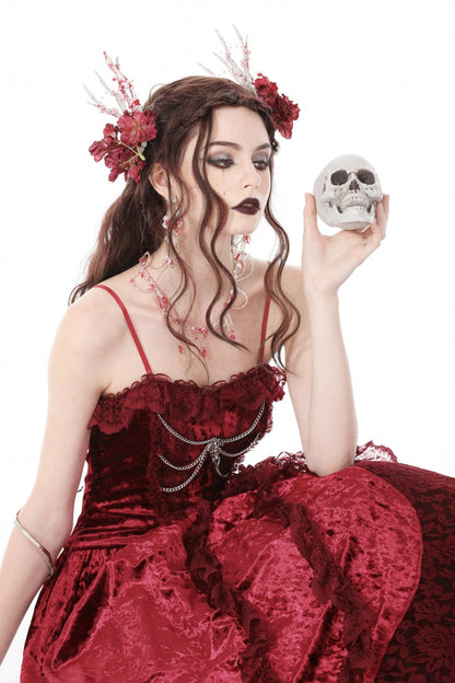 Crimson Sleeveless Gothic Velvet Slip Maxi Dress with Lace and Chains