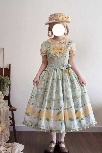 Emerald Lemon Chicken Printed Ruffle Bow Lace Long JSK Dress