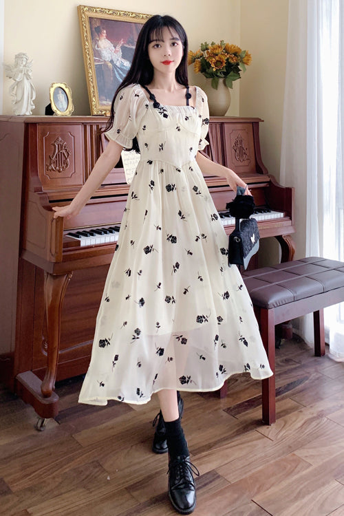 Plus Size Sweet Lolita Dress with French Square Collar, Rose Print & Short Sleeves, Cream