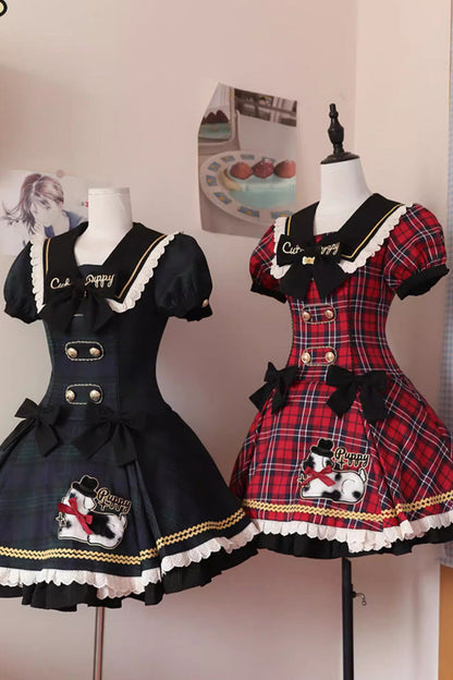 Azure Dalmatian Print Short Sleeve Ruffle Bow Slim Sweet Lolita Gown
