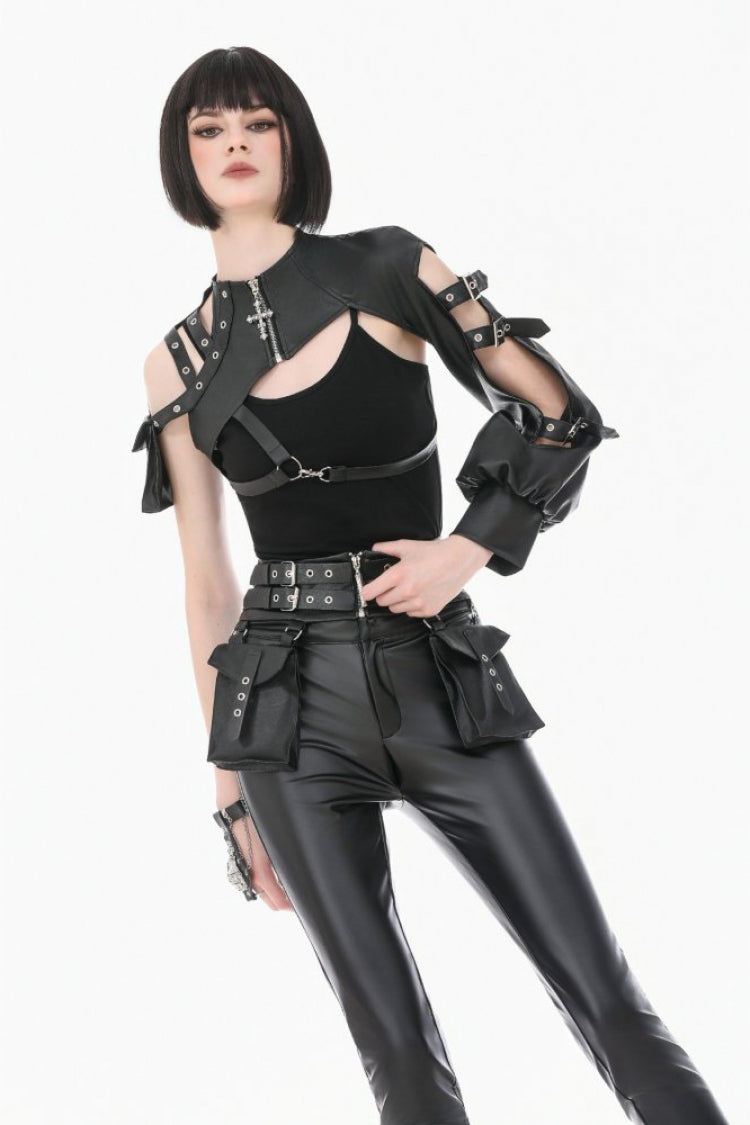 Women's Punk Leather Belt with Eyelet Buckle, Zipper and Side Pouches