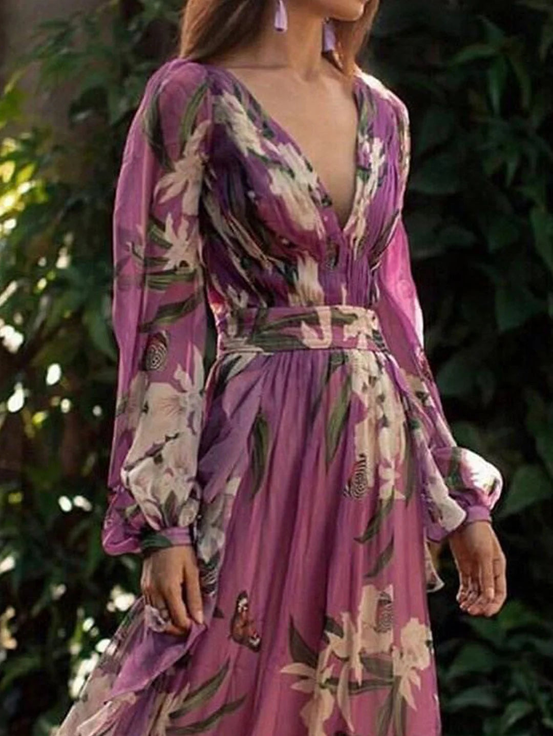 Floral Maxi V Pattern Neck Elegant Dress Butterfly