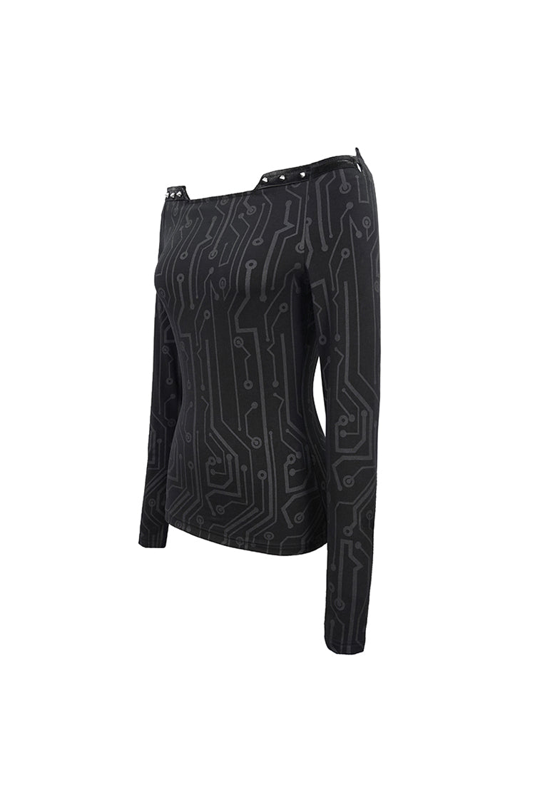 Circuit Pattern Off-Shoulder Rivet Tight T-Shirt for Women