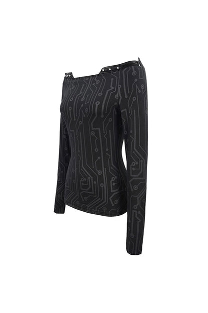Circuit Pattern Off-Shoulder Rivet Tight T-Shirt for Women