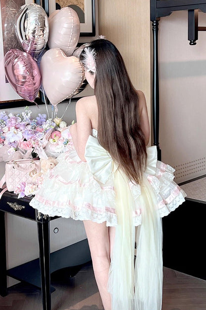 Sweet Princess Lolita Frocks with Halterneck Ruffles & Lace-Up Bows in Cream