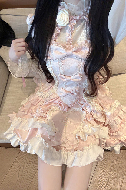 Blush Halter Sleeveless Embroidered Ruffle Ballerina JSK Set - Heart of Butterfly