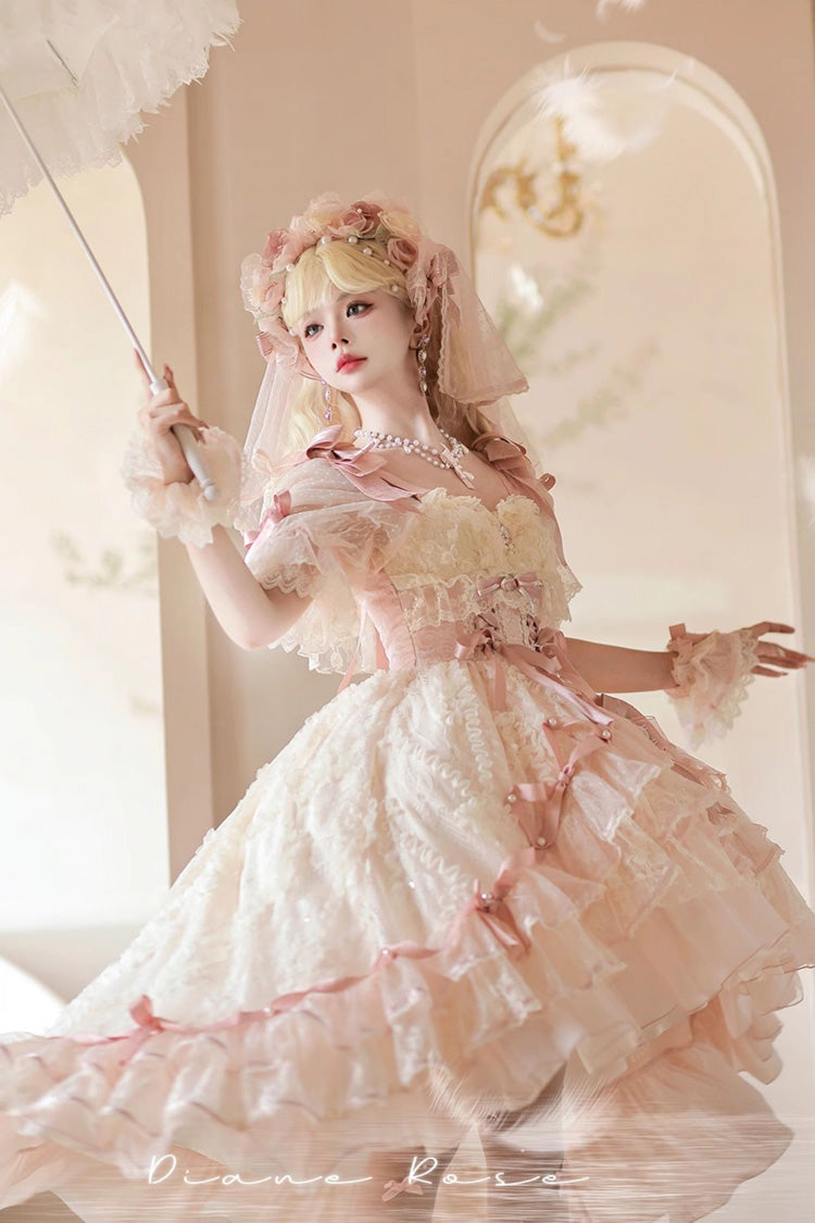 Blush Short Sleeves Jacquard Ruffled Cardigan Lace Dress