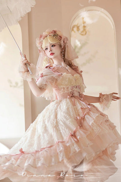 Blush Short Sleeves Jacquard Ruffled Cardigan Lace Dress
