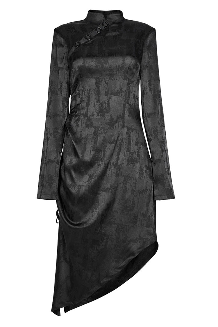 Punk Cheongsam Dress in Black Jacquard Cotton with Pointed Hem and Drawstring