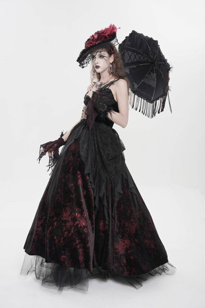 Crimson & Obsidian Sleeveless Multi-Layered Hanayome Lace Lace-Up Gothic Wedding Dress Printed Tassels Slip Dress