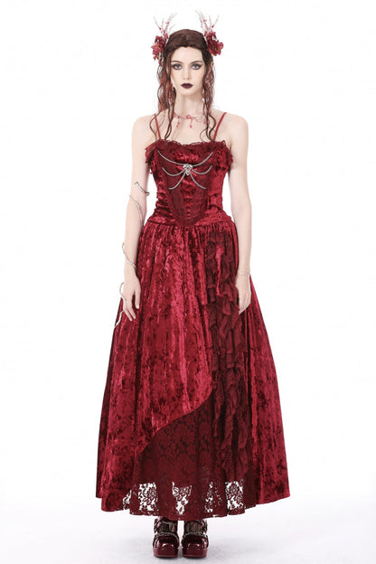 Crimson Sleeveless Gothic Velvet Slip Maxi Dress with Lace and Chains