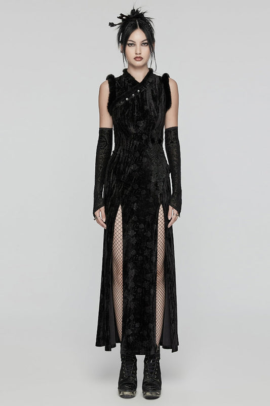 Women's Gothic Dress with Oversleeves and Ripped Details in Black Jacquard