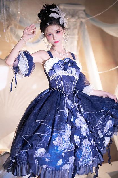 Azure Deep Sea Jellyfish Print Ruffle Lace Sweet Elegant Lolita Jumper Dress