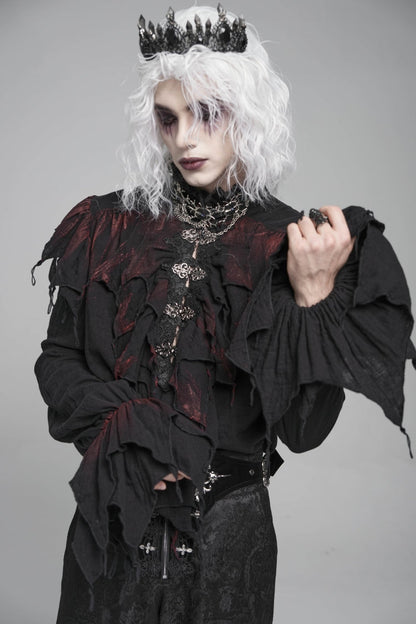 Crimson & Obsidian Stand Collar Long Sleeves Ruffled Plunging Gothic Shirt