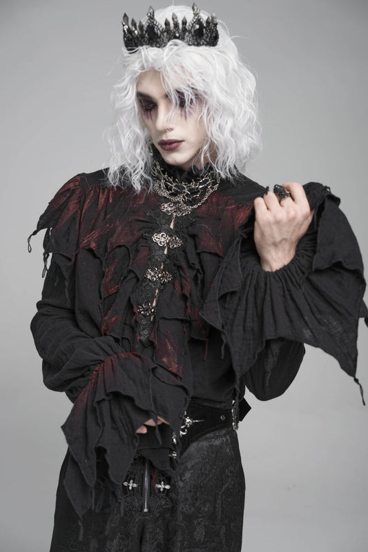 Crimson & Obsidian Stand Collar Long Sleeves Ruffled Plunging Gothic Shirt