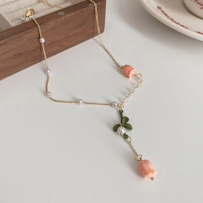 Pink Tulip Crystal Pearl Necklace Earrings Set