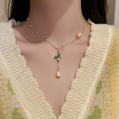 Pink Tulip Crystal Pearl Necklace Earrings Set