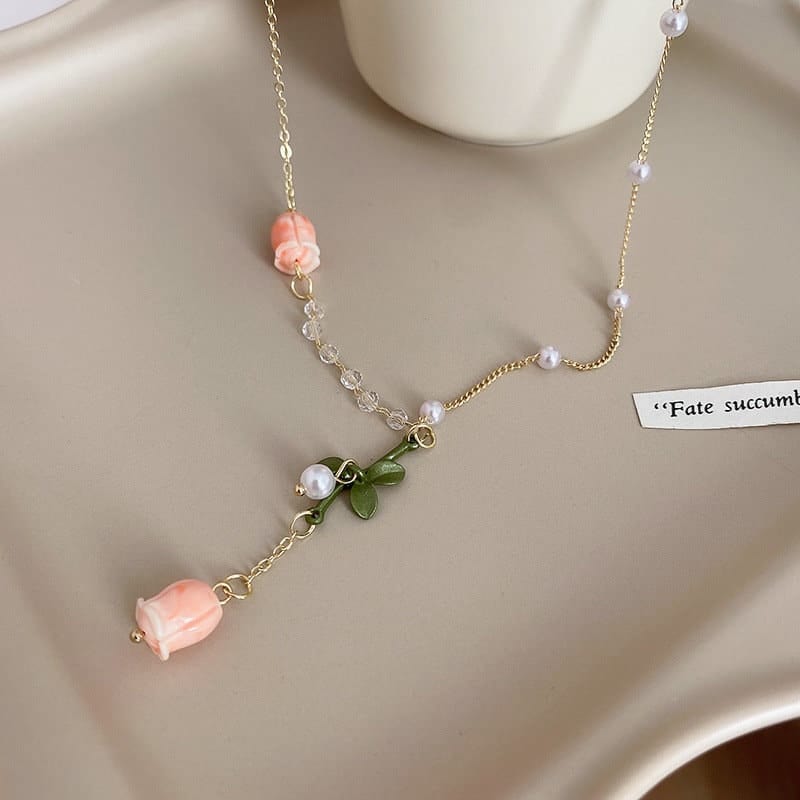 Pink Tulip Crystal Pearl Necklace Earrings Set