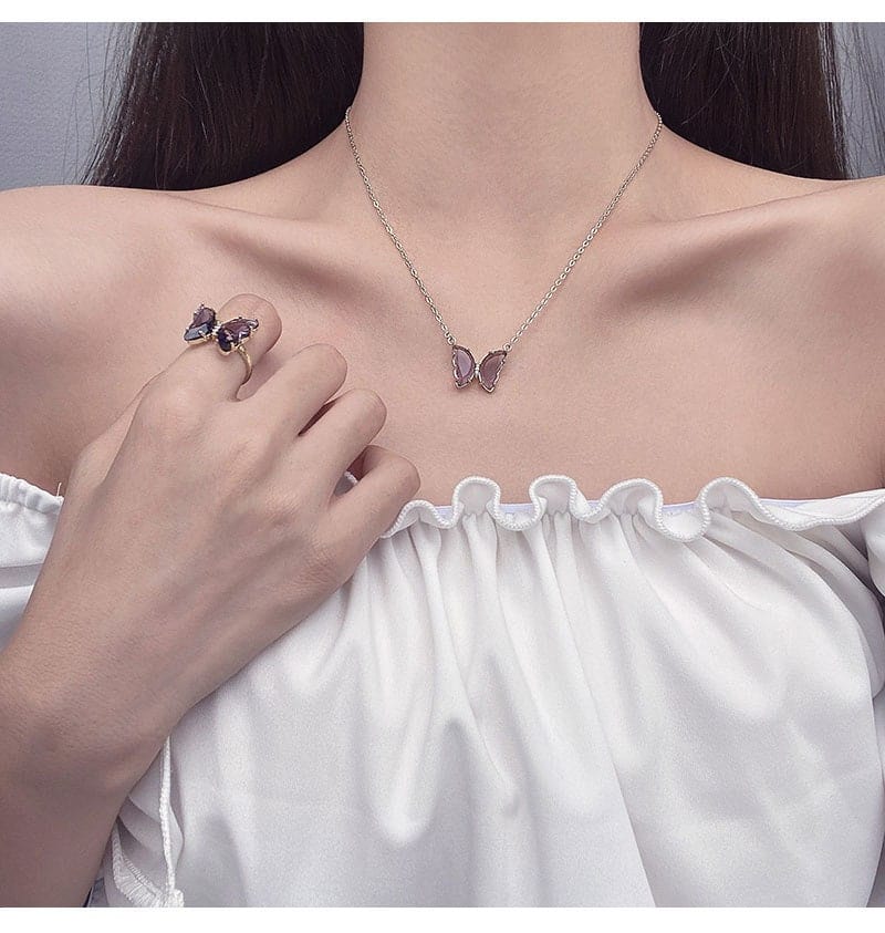 Dainty Butterfly Necklace Earrings Ring Set