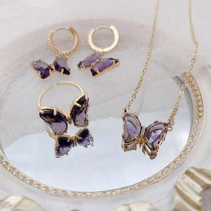 Dainty Butterfly Necklace Earrings Ring Set