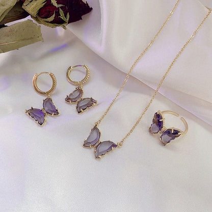 Dainty Butterfly Necklace Earrings Ring Set