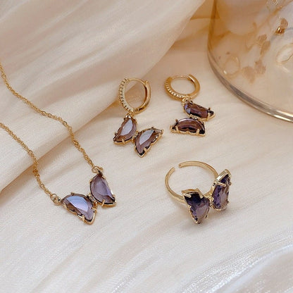 Dainty Butterfly Necklace Earrings Ring Set